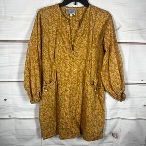 LIDO Tunic Dress Womens Small Yellow Floral Cotton V-Neck Pockets Long Sleeve